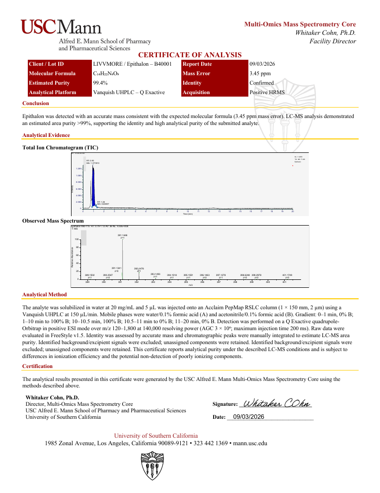 Certificate of analysis for Epithalon, batch B40001