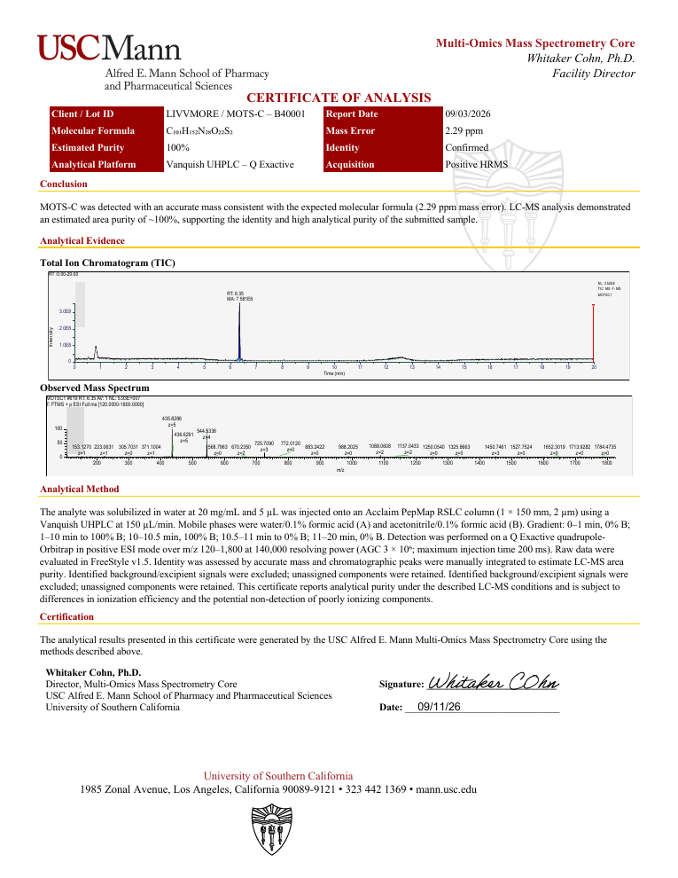 Certificate of analysis for MOTS-C, batch B40001