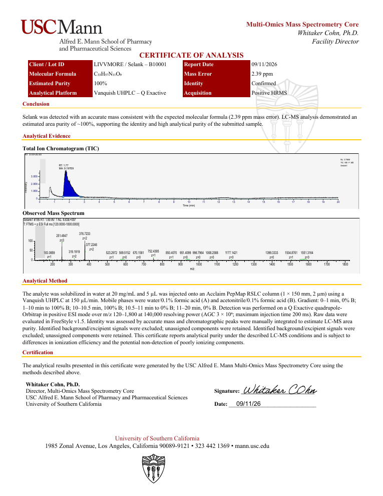 Certificate of analysis for Selank, batch B10001