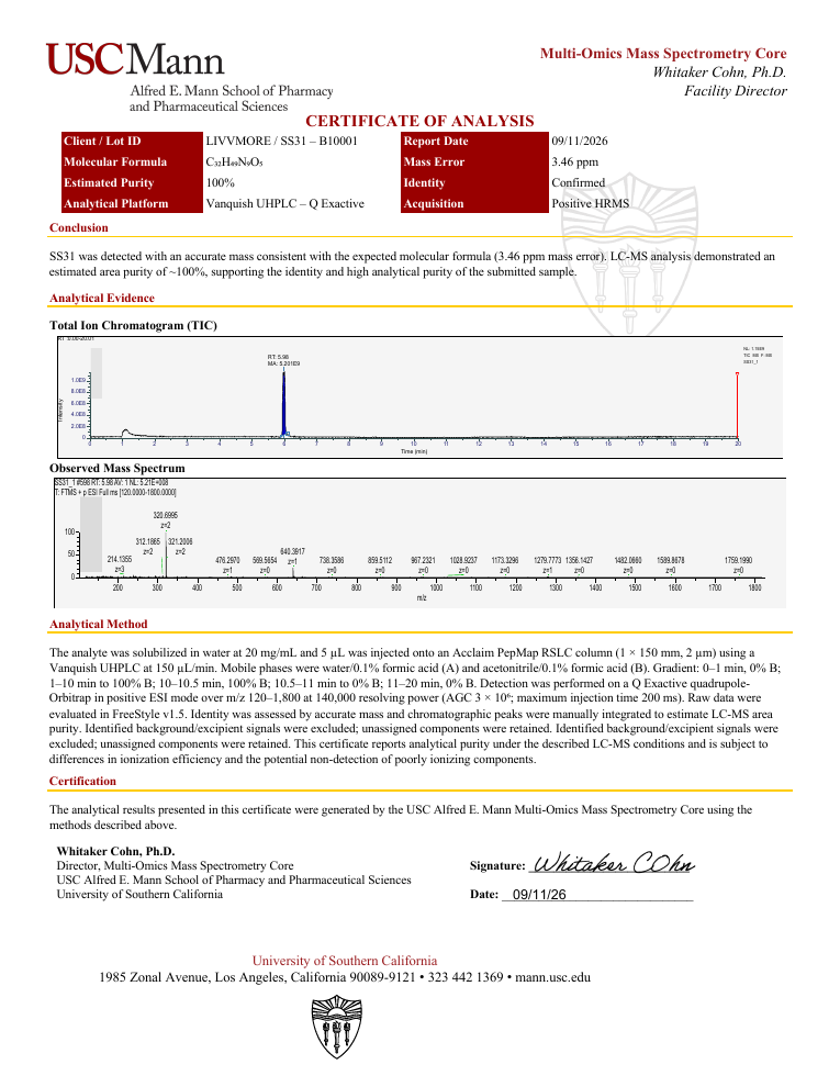 Certificate of analysis for SS-31, batch B10001